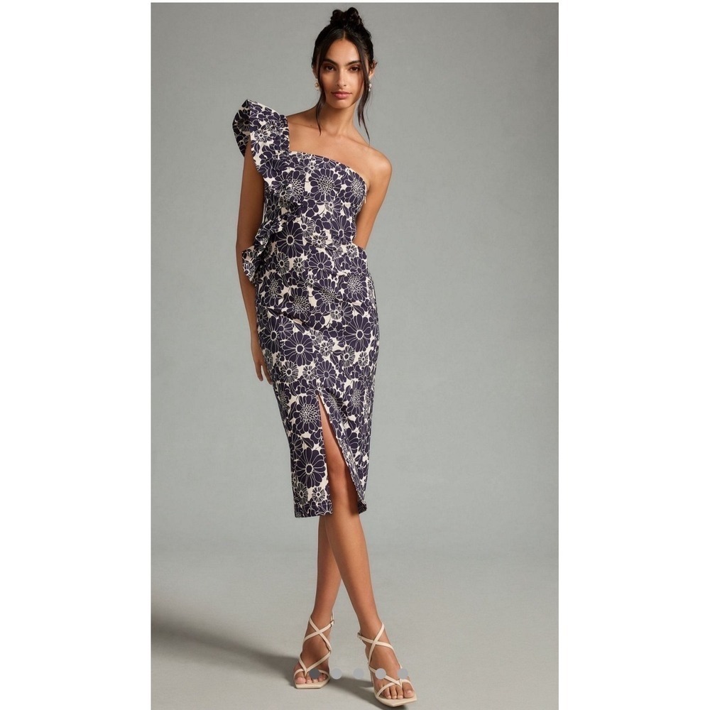 Anthropologie Ruffle One-Shoulder Slim Dress XL Navy White Floral